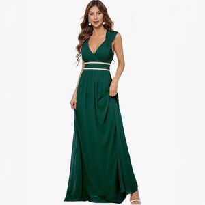 Ever-Pretty Women's Chiffon V Neck Cap Sleeve Backless Gown in Deep Green